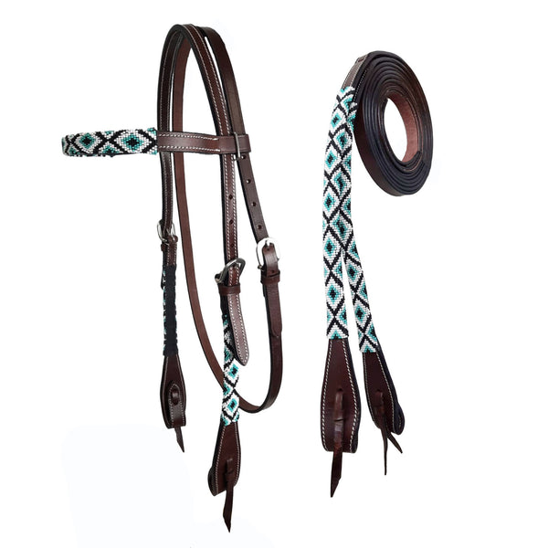 Tahoe Tack Leather Horse Western Headstall - Turquoise Navajo Beaded Browband with Split Reins, 1-Year Warranty