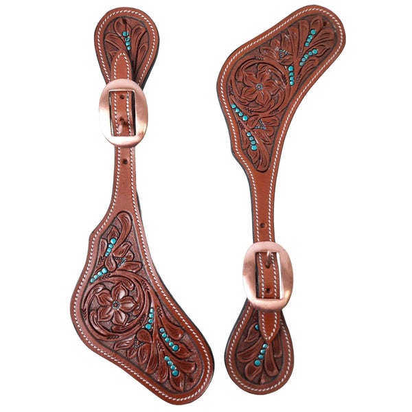 Tahoe Tack Western Curved Spur Straps with Turquoise Accented and Flower Hand Tooled  Leather