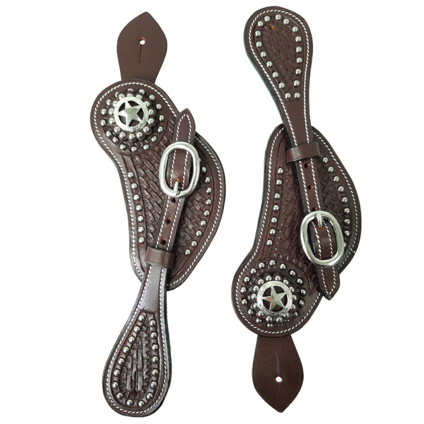 Tahoe Tack Western Curved Spur Straps with Star Concho and Hand Tooled  Basket Weave Leather